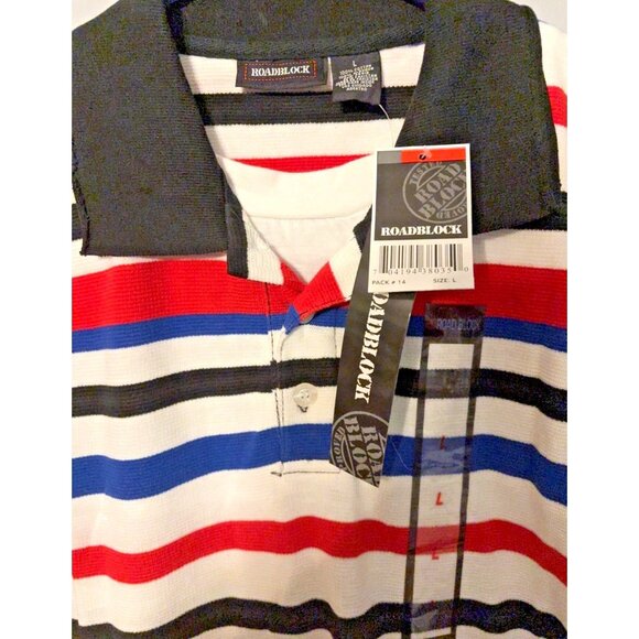 Roadblock Mens L Stripe Polo Shirt Red/Blue/Black/White Cotton Short Sleeve NWT - Picture 10 of 10